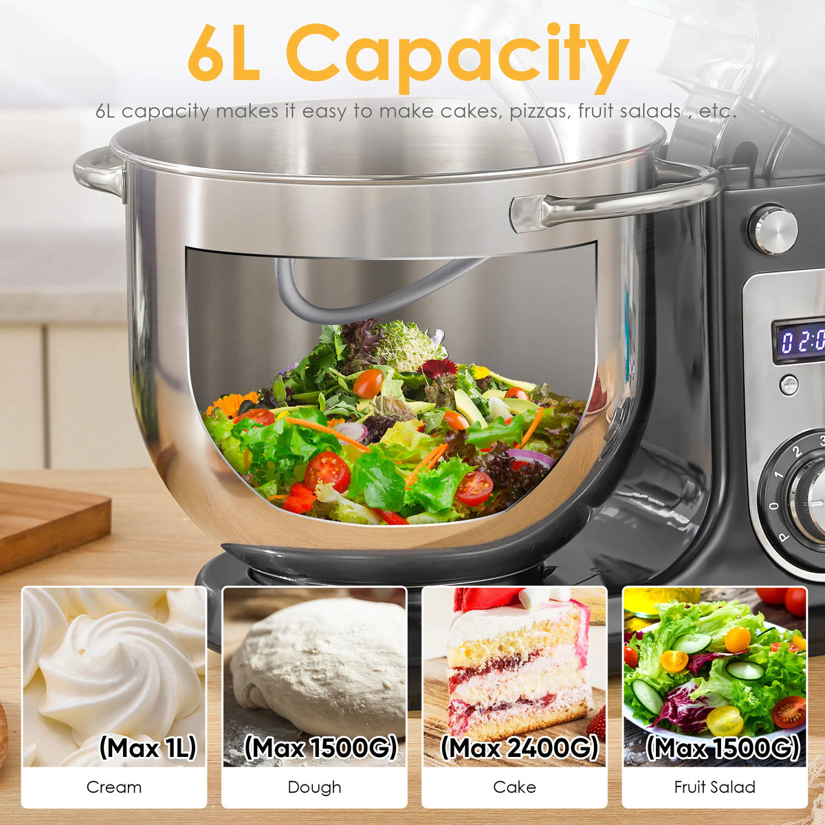 BioloMix 1200W Tilt Head Stand Mixer Dough Hook And Whisk