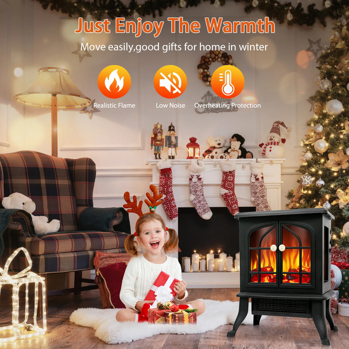 Electric Fireplace Heater With Realistic 3D Flame And Overheat Protection