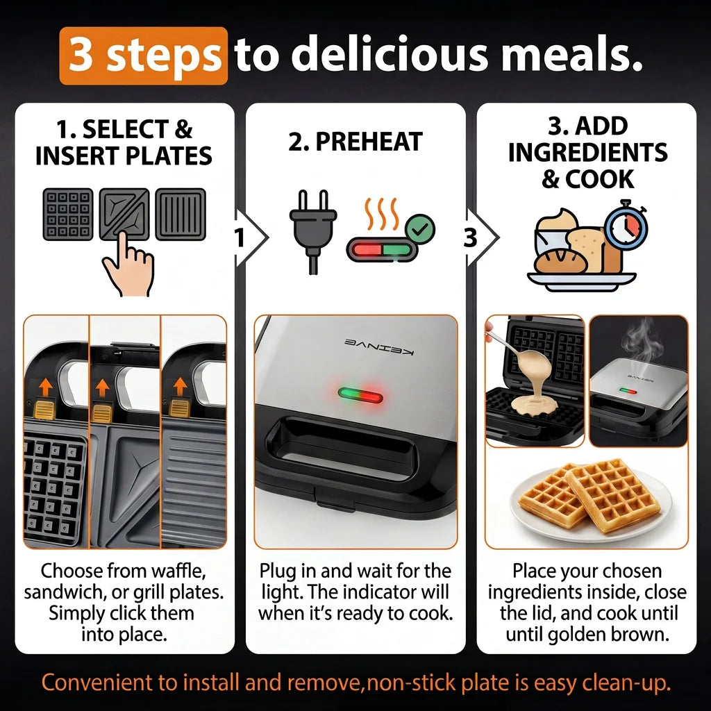 CACHOO 3 In 1 Sandwich Maker Panini Press Waffle Iron