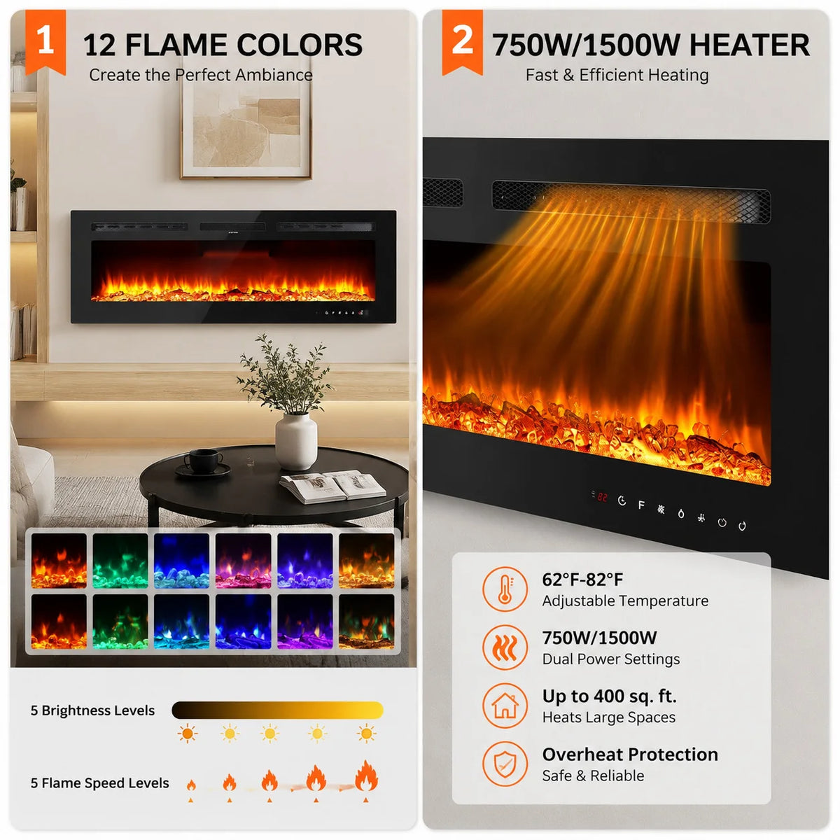 Wall Mounted Electric Fireplace Heater With Remote And Adjustable Flames