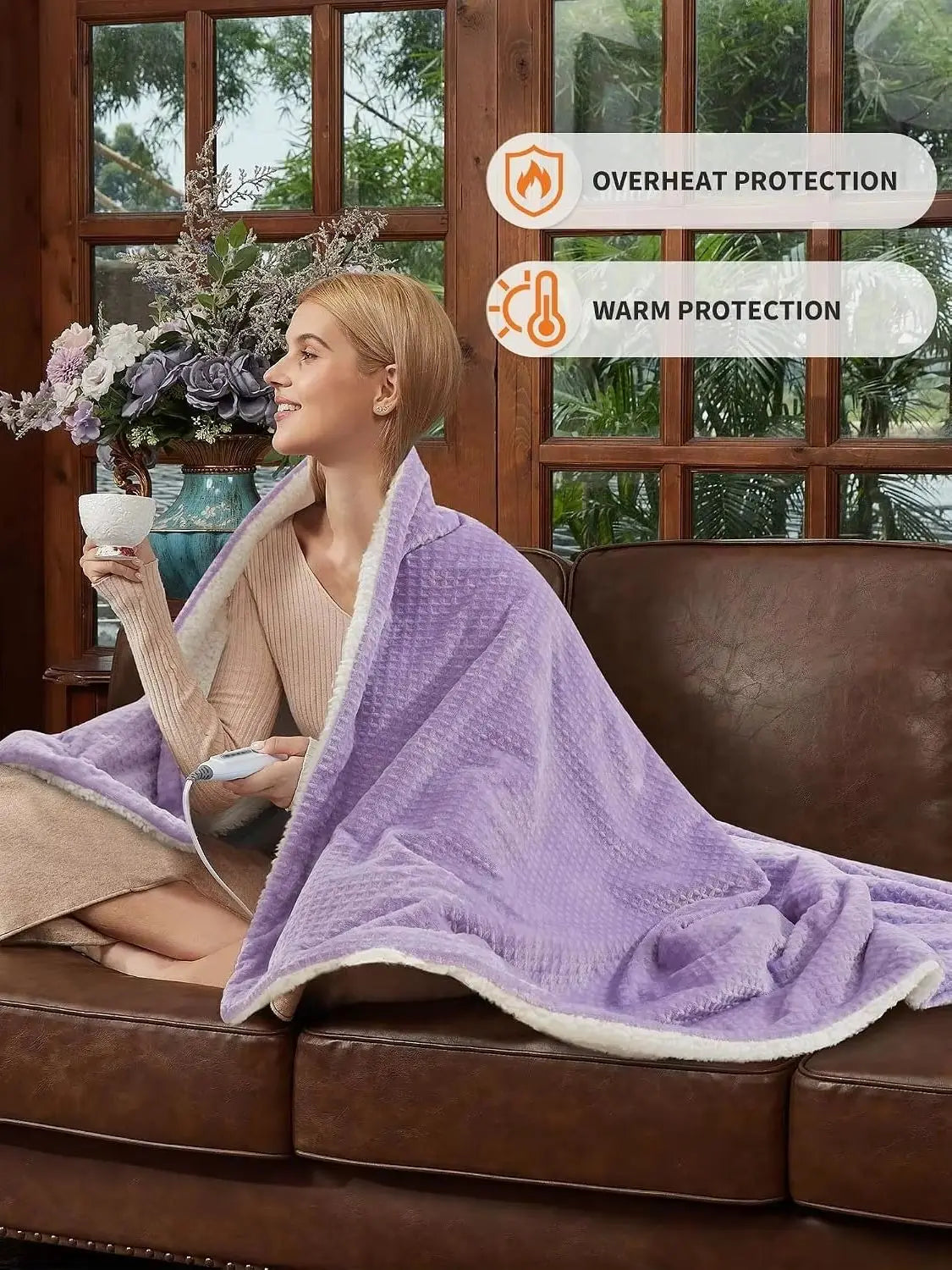 Cozy Flannel Sherpa Heated Electric Blanket With Auto Shutoff
