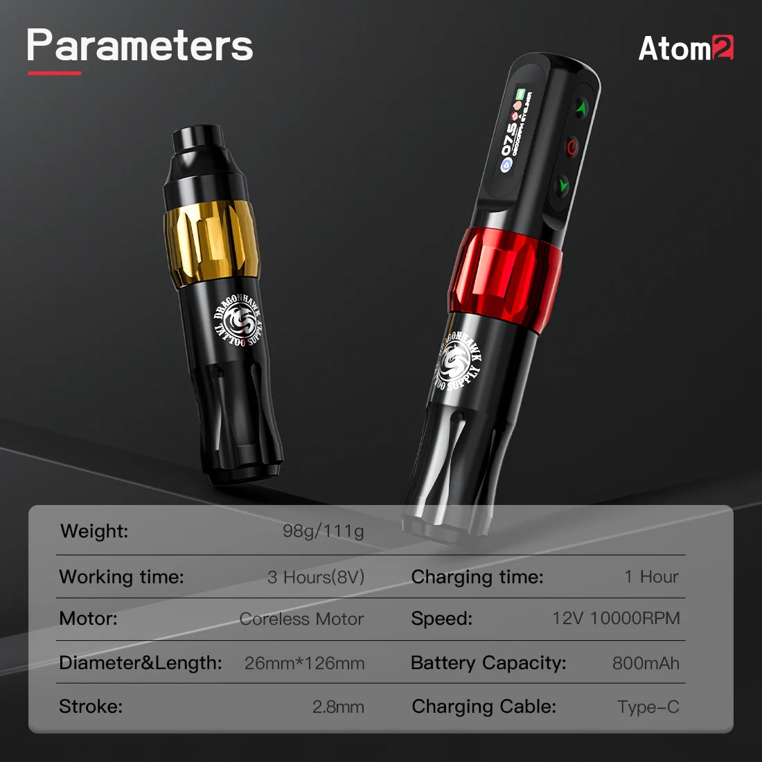 Dragonhawk Atom2 Wireless PMU Tattoo Pen With Five Preset Modes