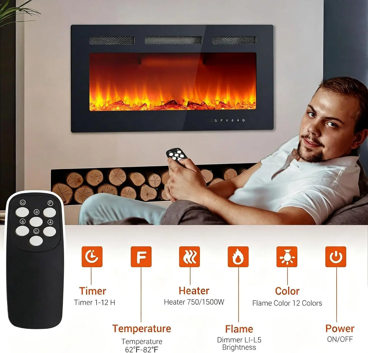 Tacleekii Wall Mounted Electric Fireplace With Remote Control