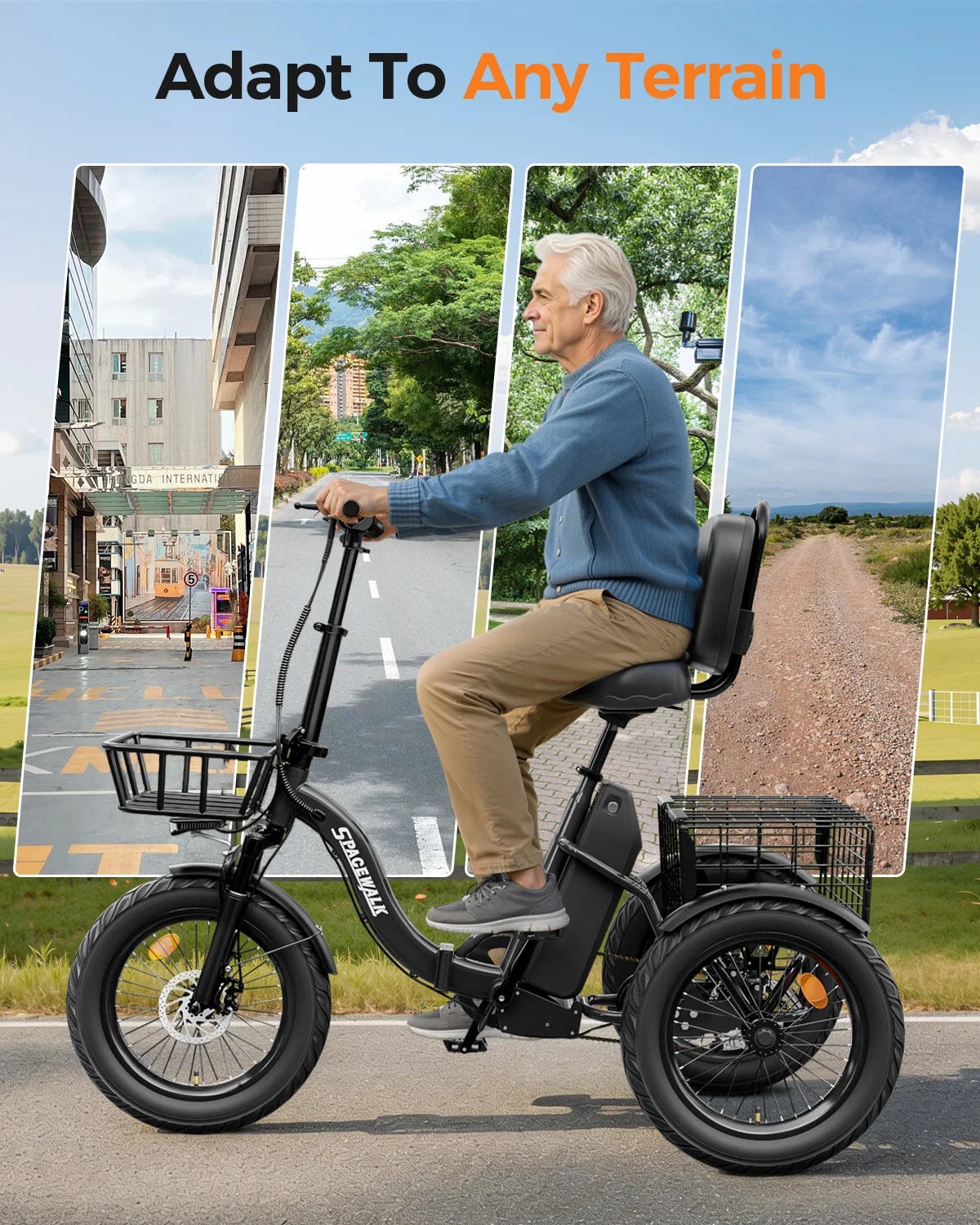 Spacewalk 1200W Folding Electric Trike With Adult Cargo Basket