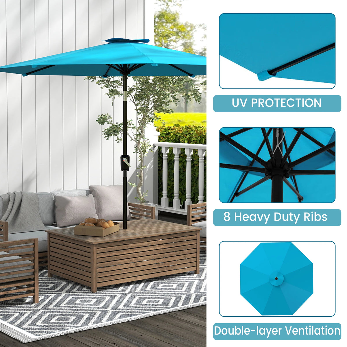 Patio Market Umbrella With Crank Lift Tilt And UV Protection