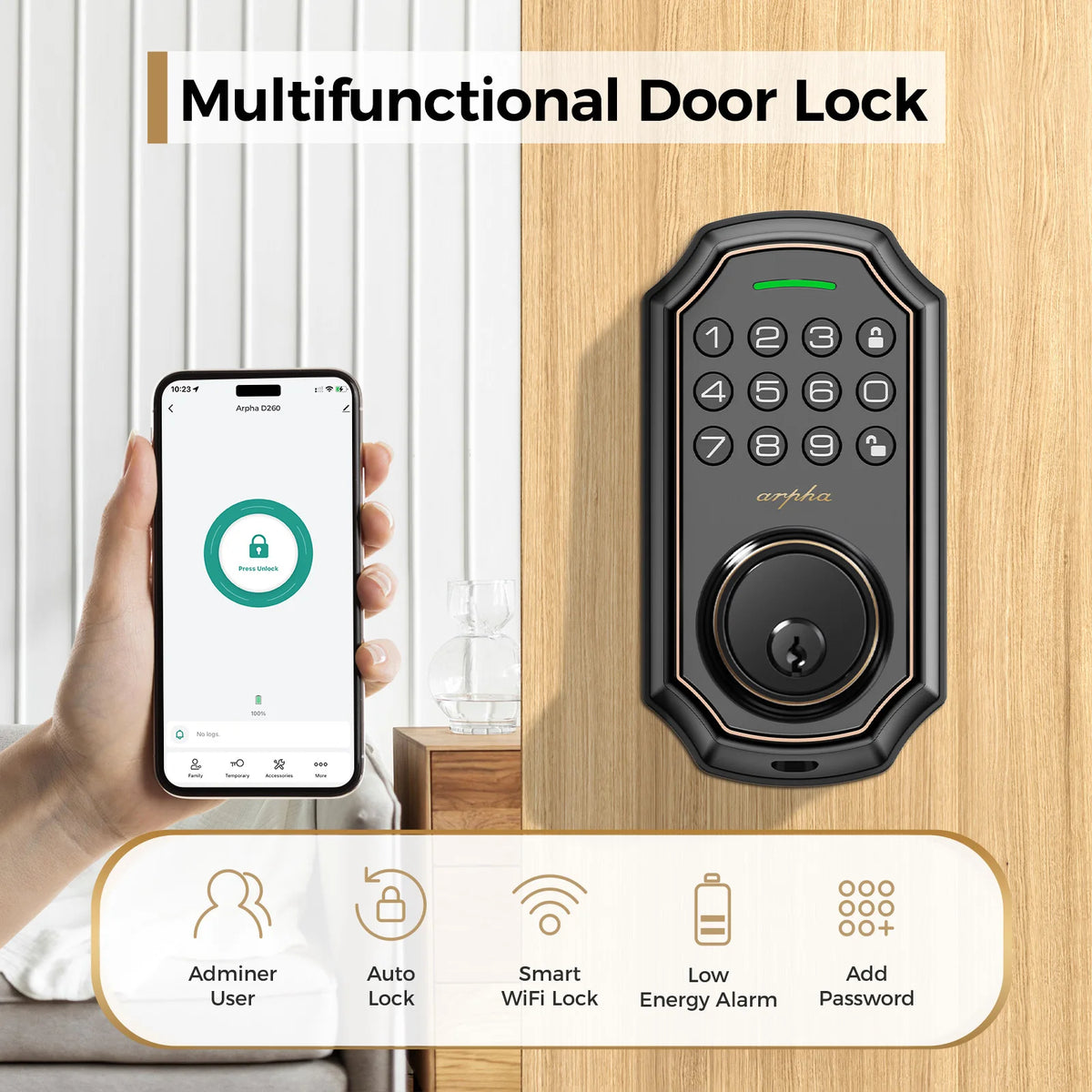 Smart WiFi Keyless Entry Electronic Deadbolt With Auto Lock Function