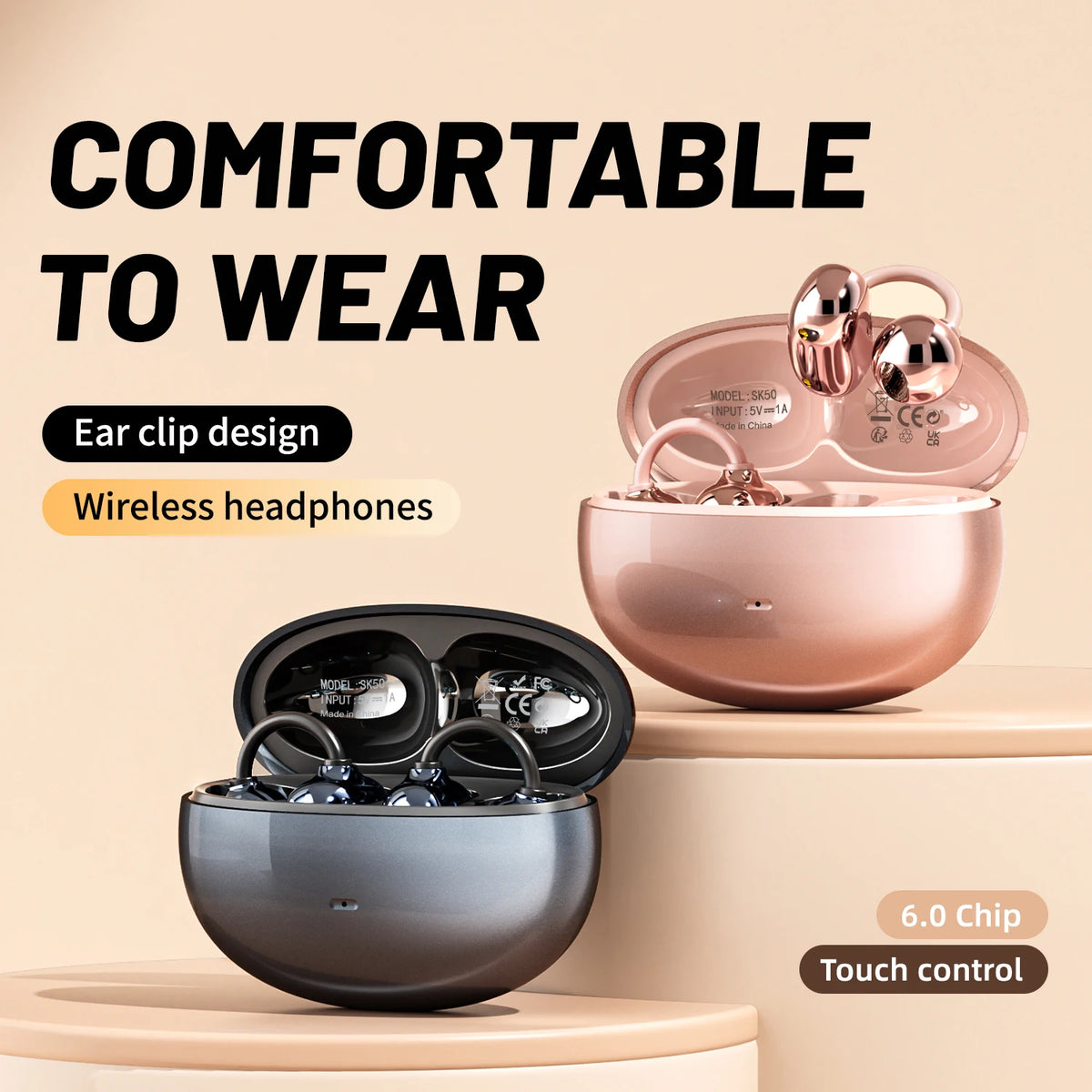 INSONIXN Open-Ear Bluetooth Clip Earbuds With Microphone For Workouts