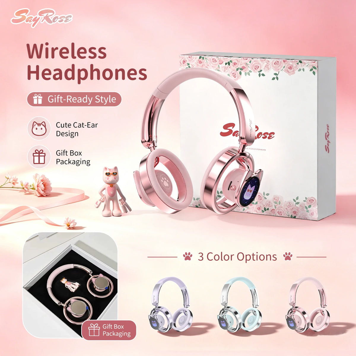 SayRose Cat Ear Open Back Bluetooth Wireless Headphones \