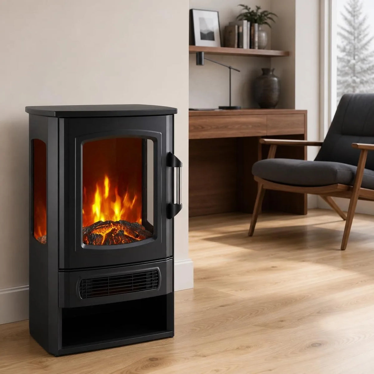 Three Sided Electric Fireplace Stove Heater With Panoramic Flame Effect