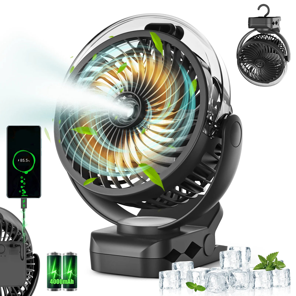 Portable Clip On Mist Cooling Fan Rechargeable Adjustable Desk Fan