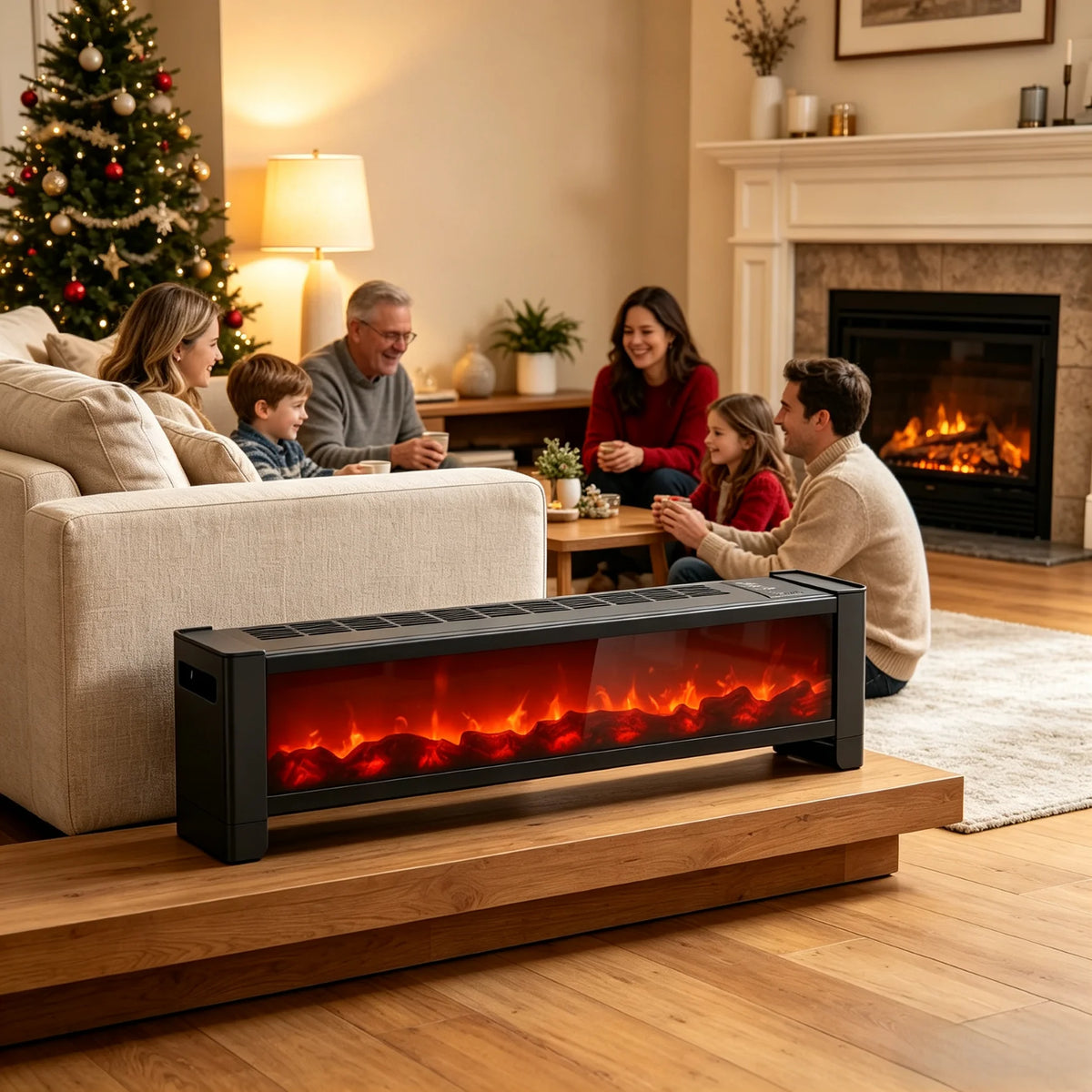 Electric Baseboard Fireplace Heater With Realistic LED Flame Effect Timer
