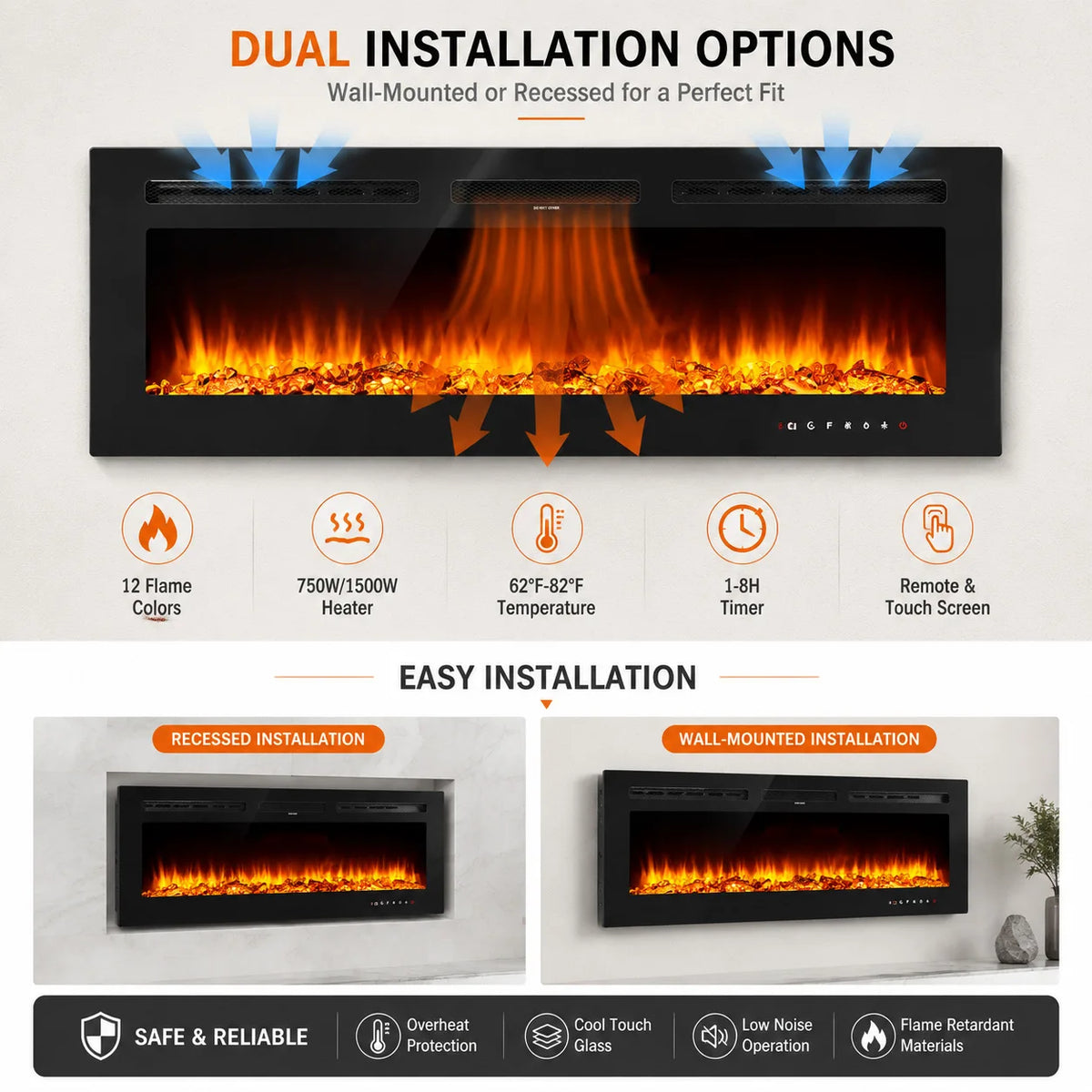 Wall Mounted Electric Fireplace Heater With Remote And Adjustable Flames