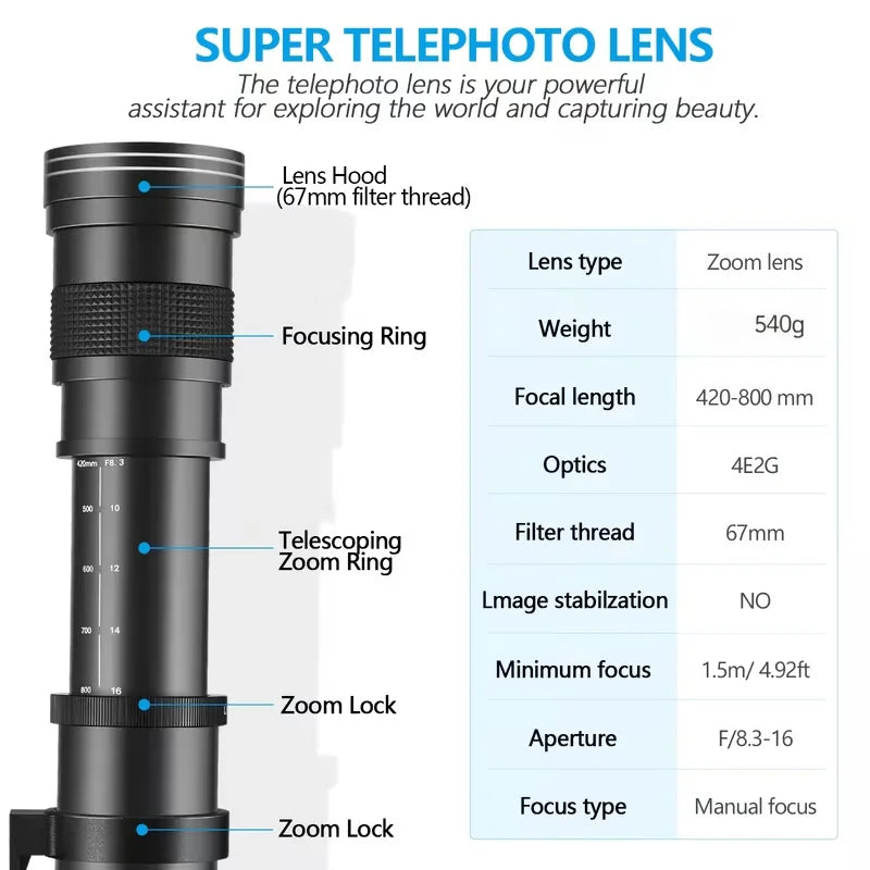 Professional Manual 420 To 800 Mm T Mount Camera Lens