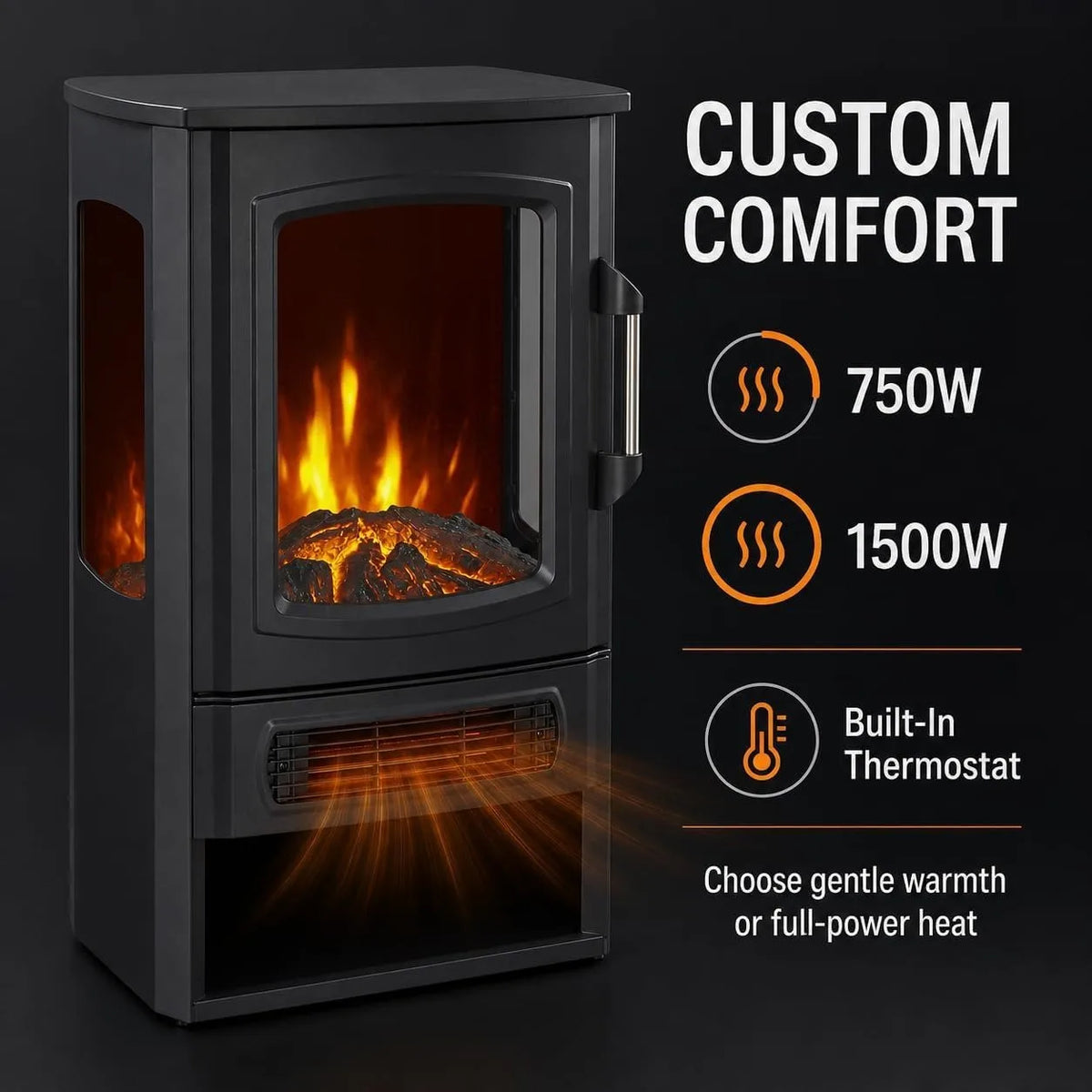 Three Sided Electric Fireplace Stove Heater With Panoramic Flame Effect