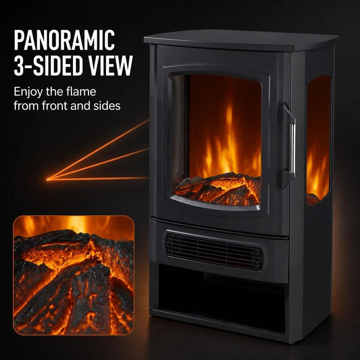 Three Sided Electric Fireplace Stove Heater With Panoramic Flame Effect