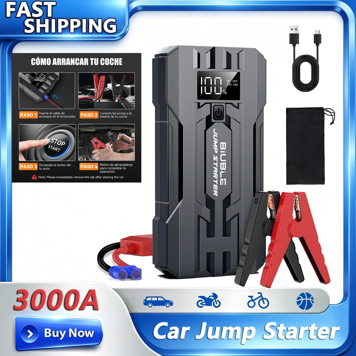 BIUBLE Portable Car Jump Starter With Smart Safety Cable