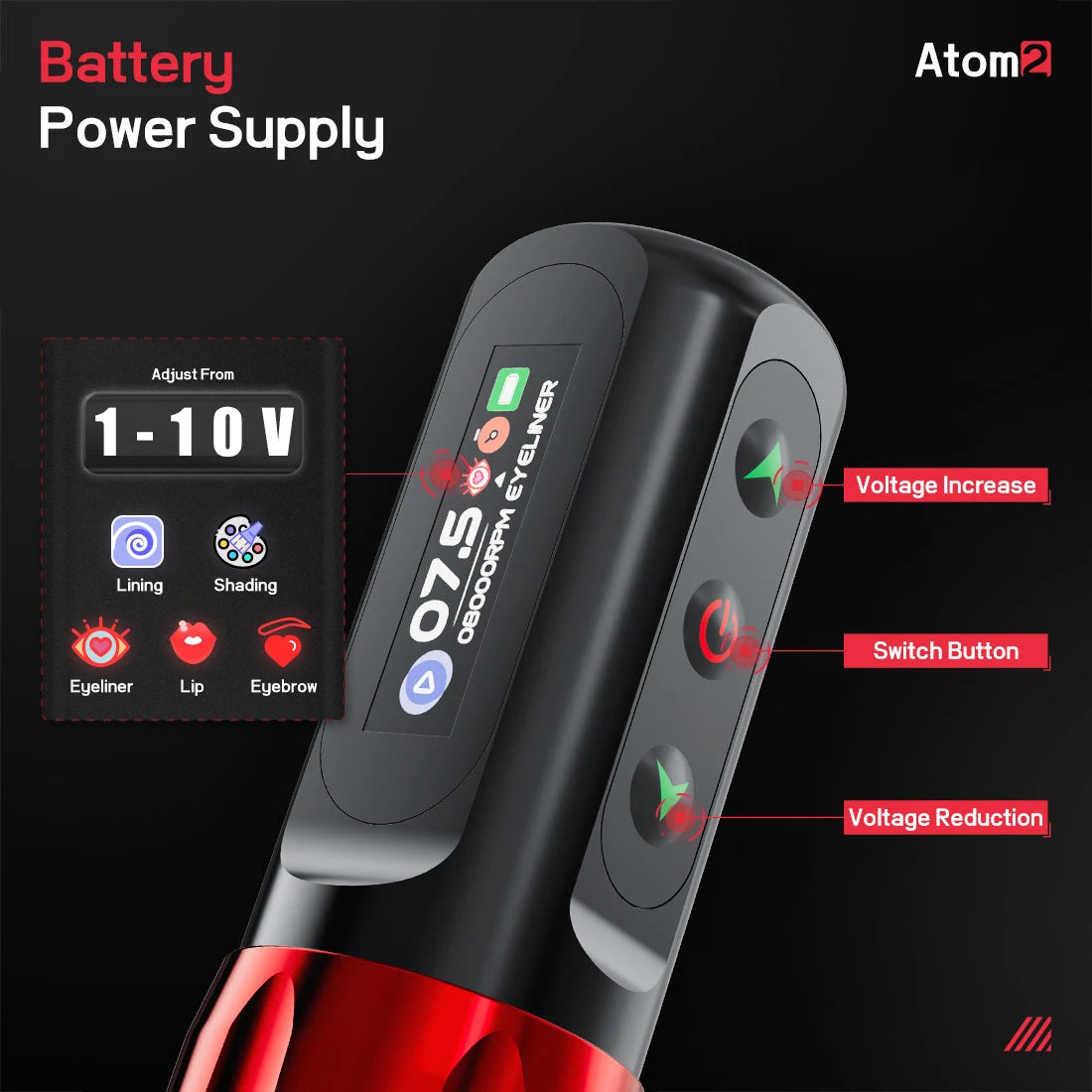 Dragonhawk Atom2 Wireless PMU Tattoo Pen With Five Preset Modes