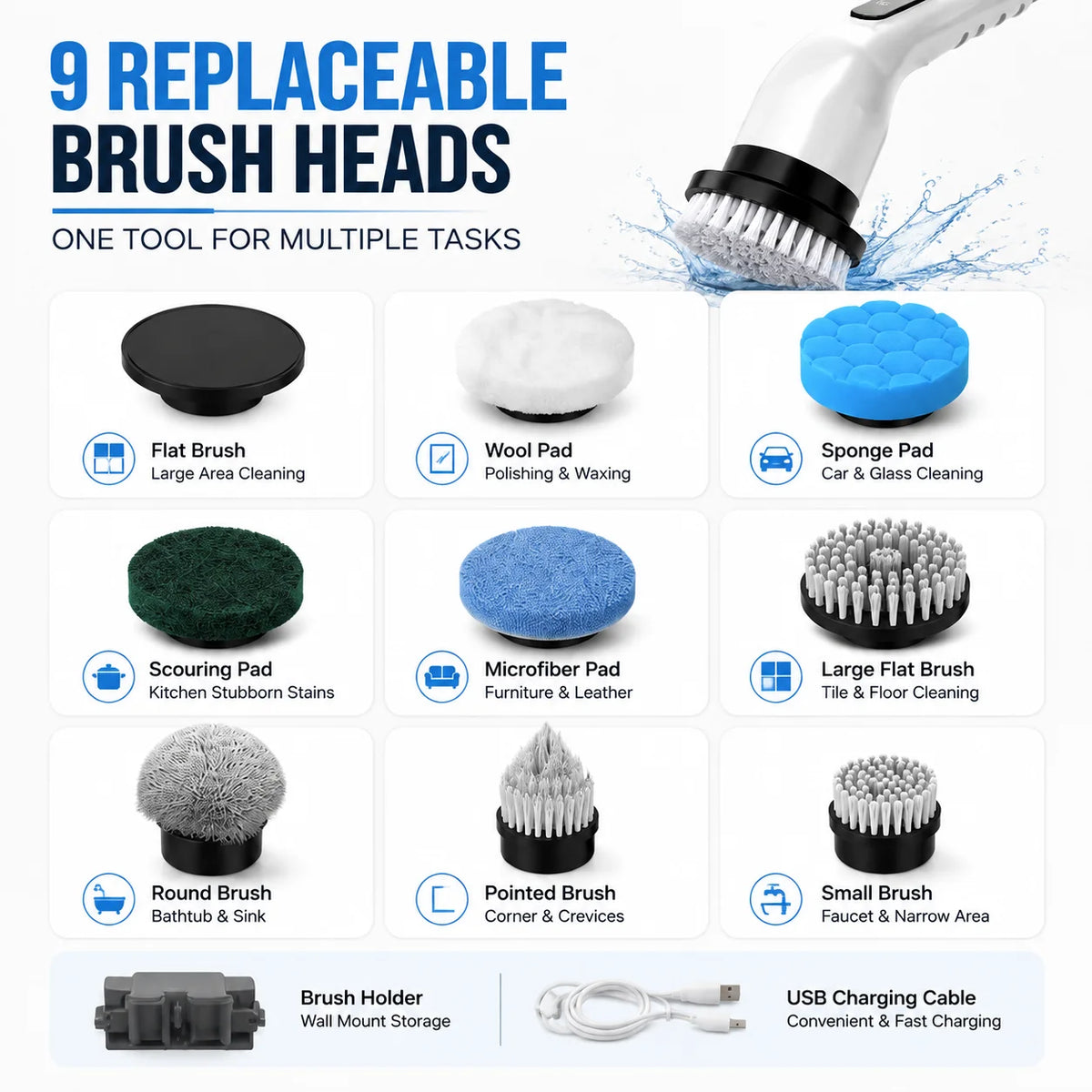Cordless Electric Spin Scrubber With Nine Attachments For Home Use