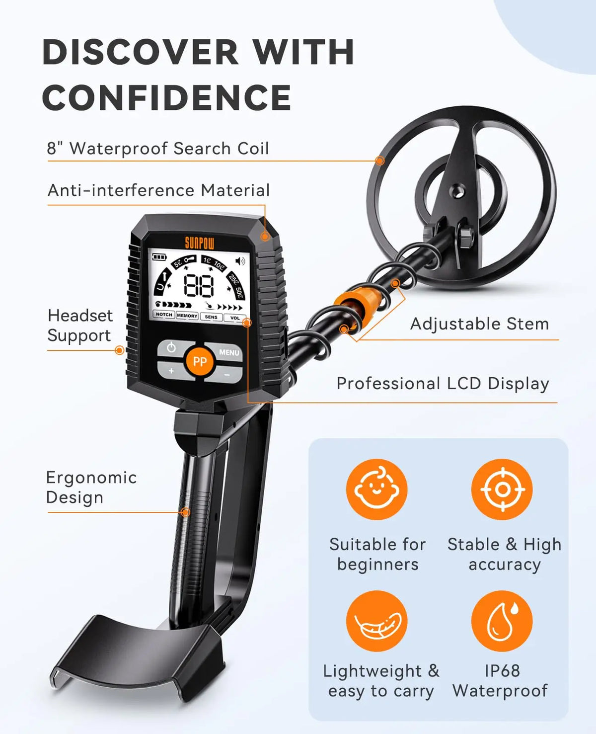 SUNPOW Professional Waterproof Metal Detector With Pinpoint Gold Detection Modes