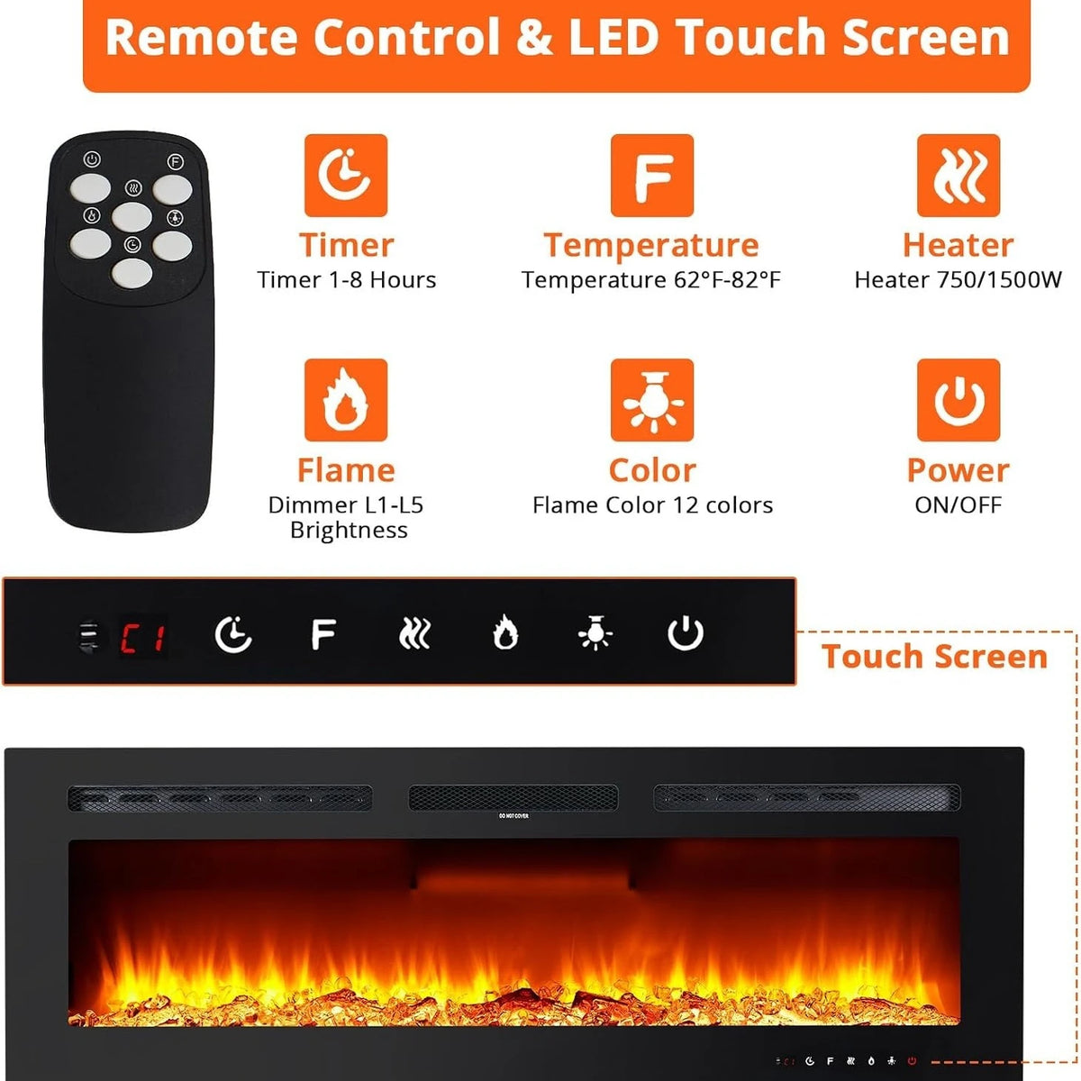 Wall Mounted Electric Fireplace Heater With Remote And Adjustable Flames