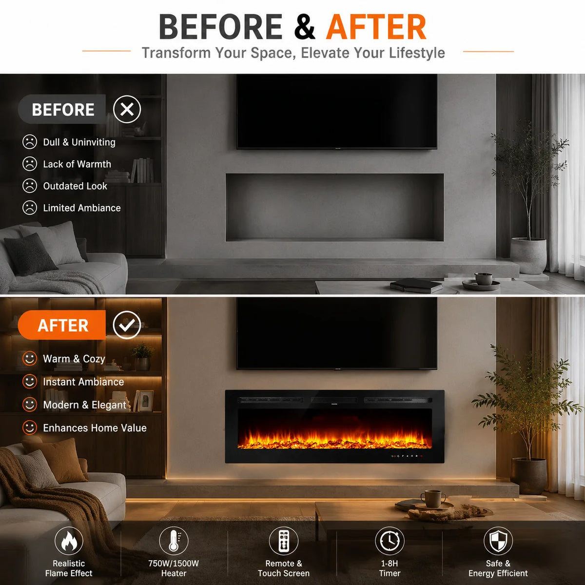 Wall Mounted Electric Fireplace Heater With Remote And Adjustable Flames