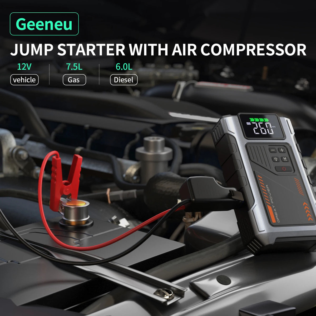 Geeneu Portable Car Jump Starter With Integrated Air Compressor