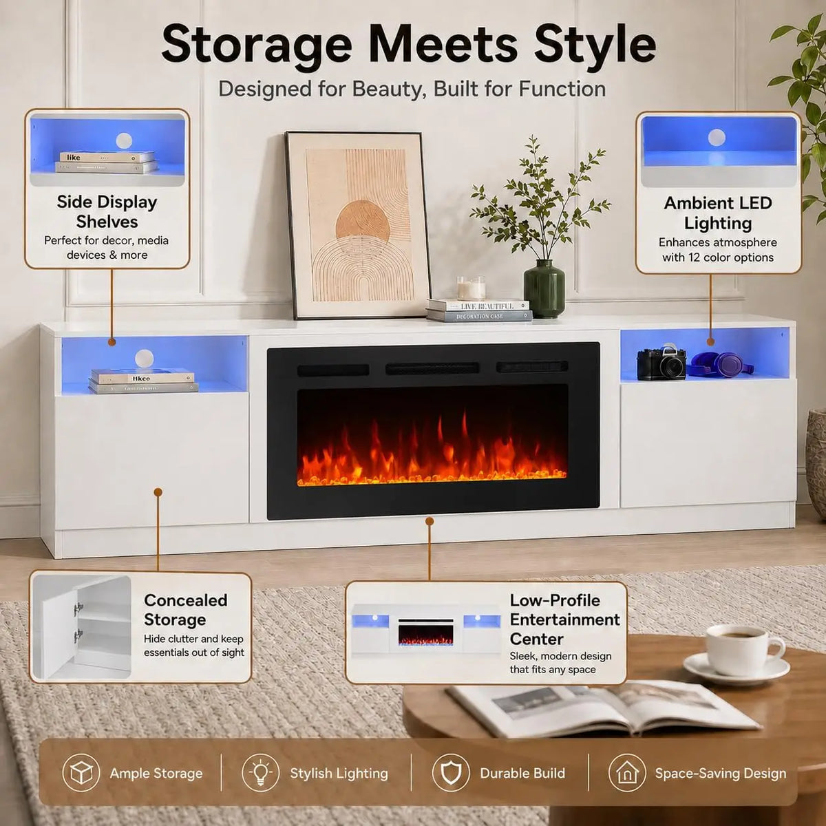 Tacleekii Electric Fireplace Media Console Television Stand