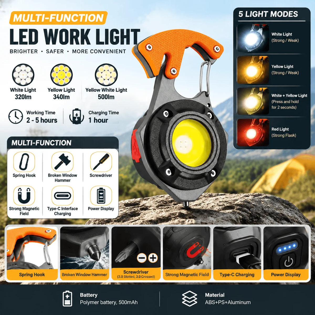 STONEGO Rechargeable COB LED Keychain Flashlight With Magnet And Tools
