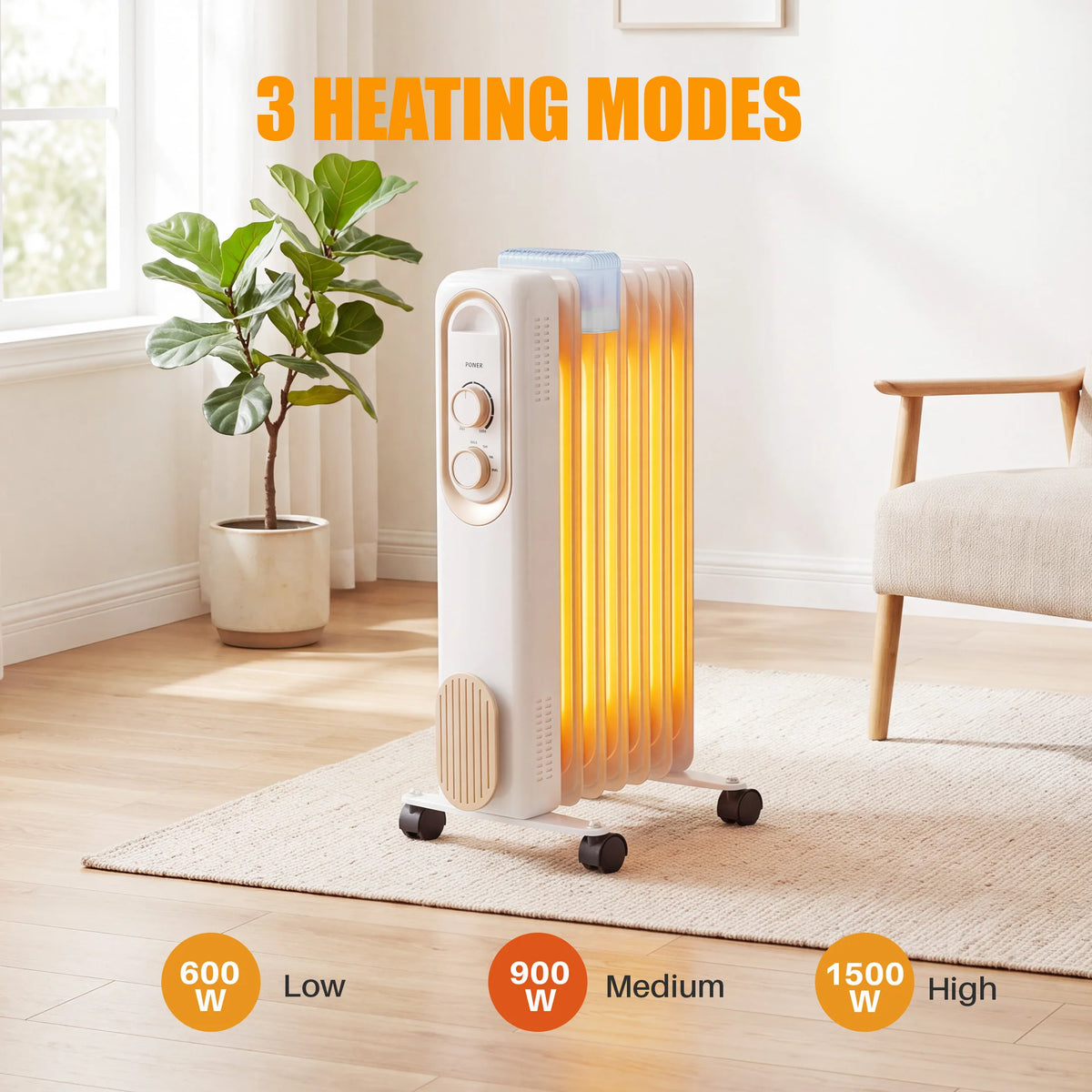 JHK 1500W Oil Filled Radiator Heater With Adjustable Thermostat
