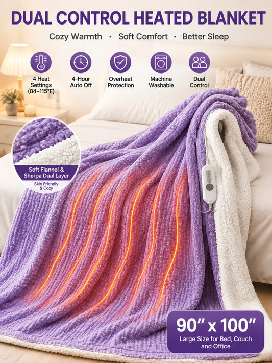 Cozy Flannel Sherpa Heated Electric Blanket With Auto Shutoff