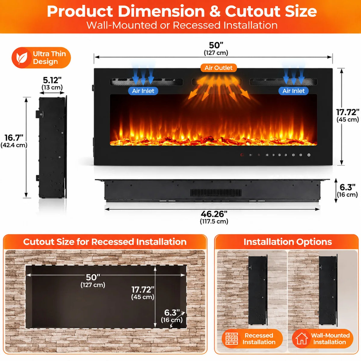 Wall Mounted Electric Fireplace Heater With Remote And Adjustable Flames
