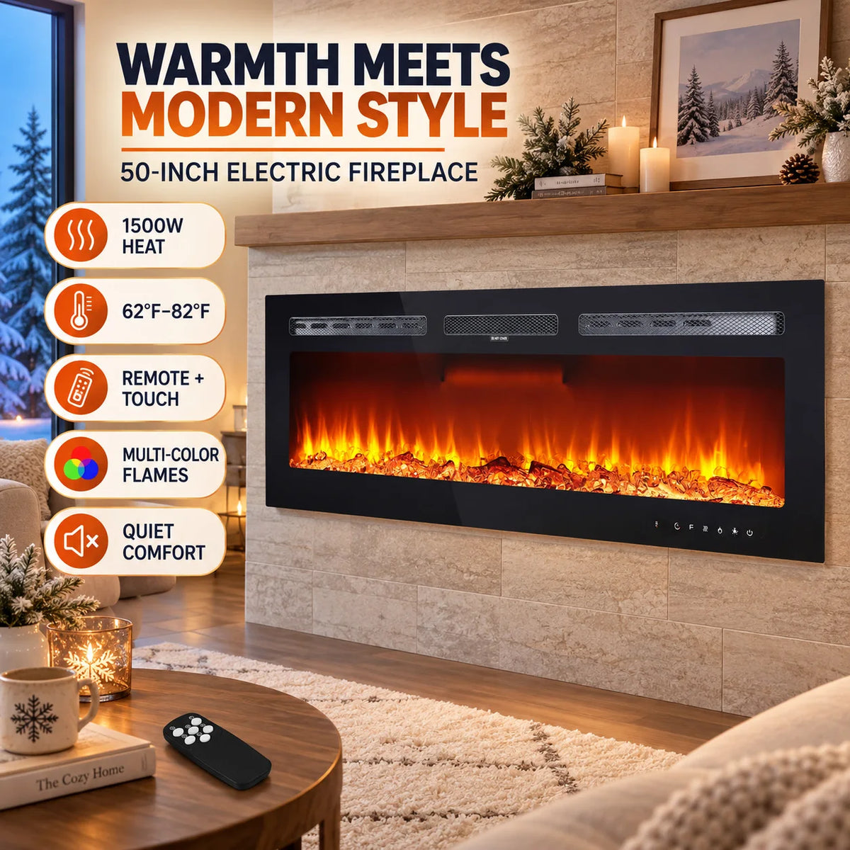 Wall Mounted Electric Fireplace Heater With Remote And Adjustable Flames