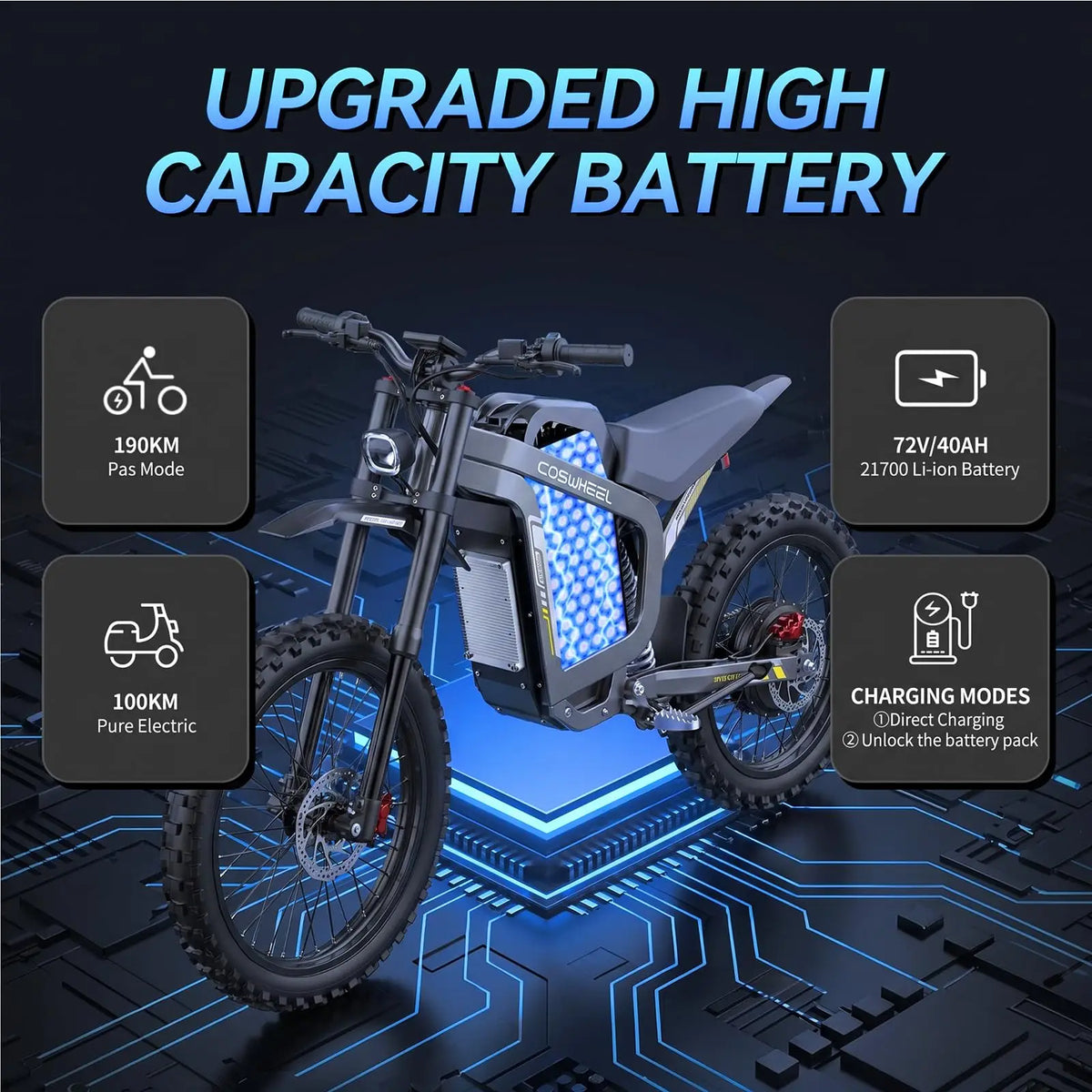 SLDBK 9000W Off Road Electric Motorcycle 72V 40Ah Battery