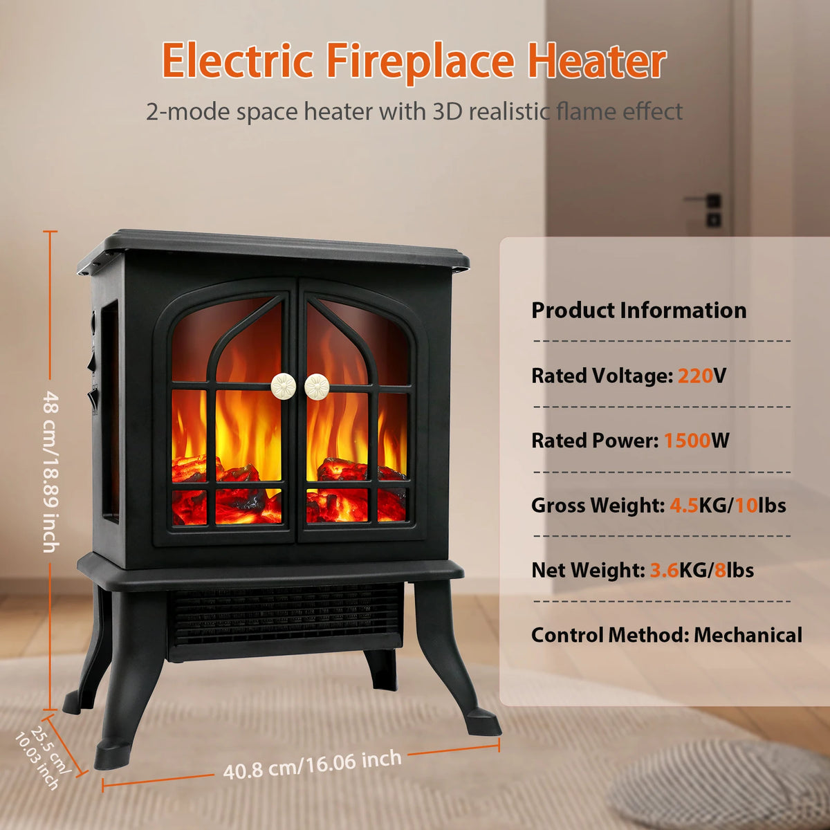 Electric Fireplace Heater With Realistic 3D Flame And Overheat Protection