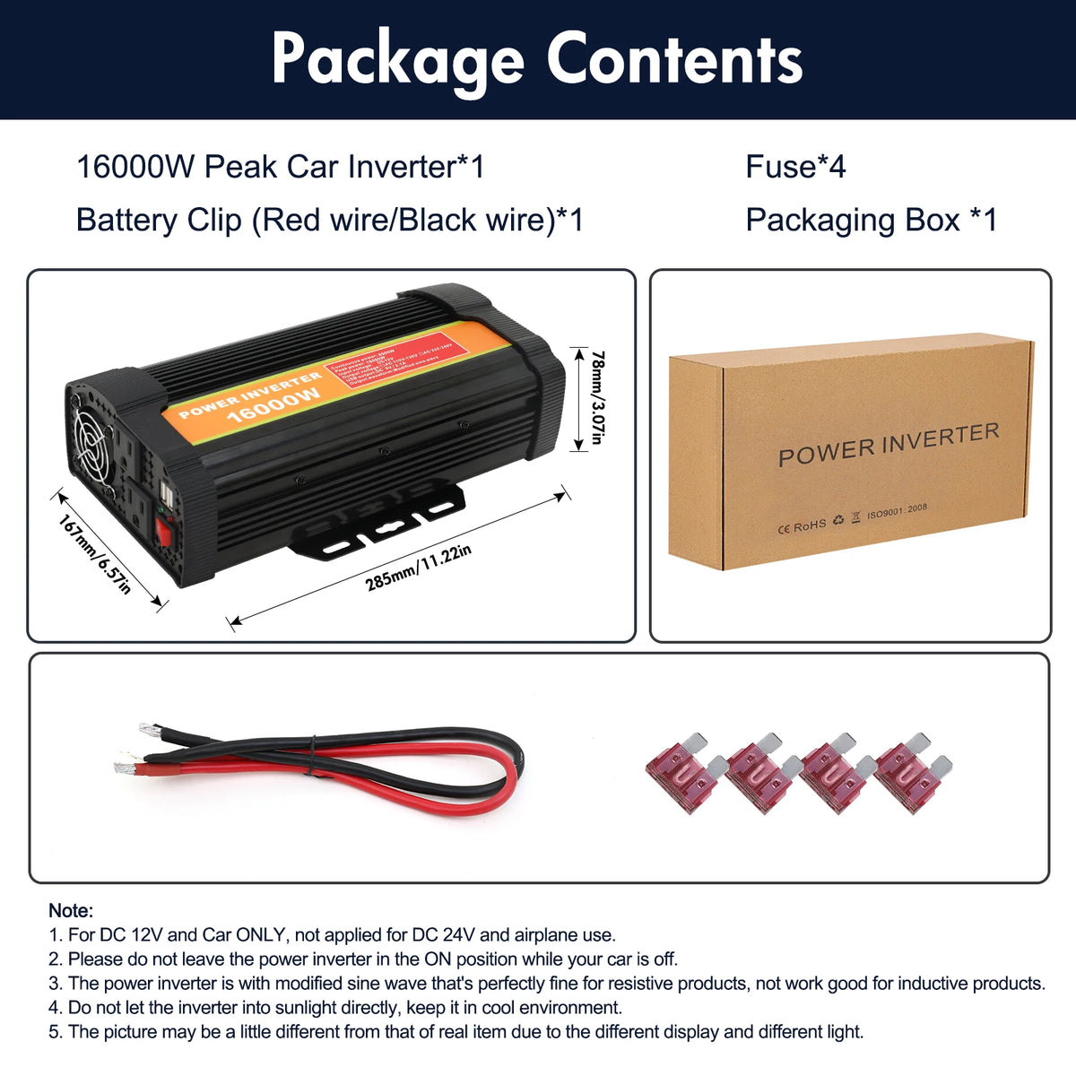 16000W Car Power Inverter Pure Sine Wave Converter Portable