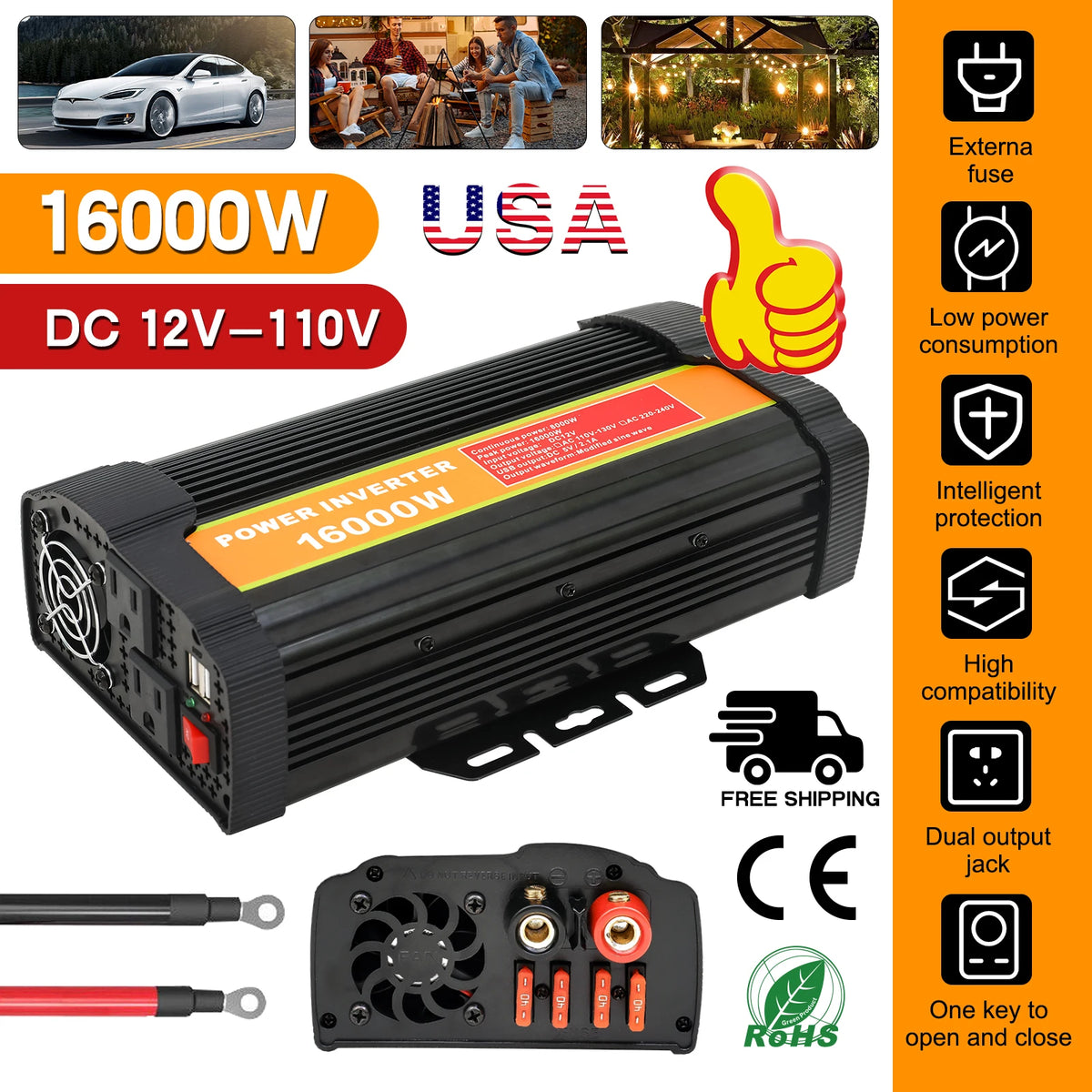 16000W Car Power Inverter Pure Sine Wave Converter Portable