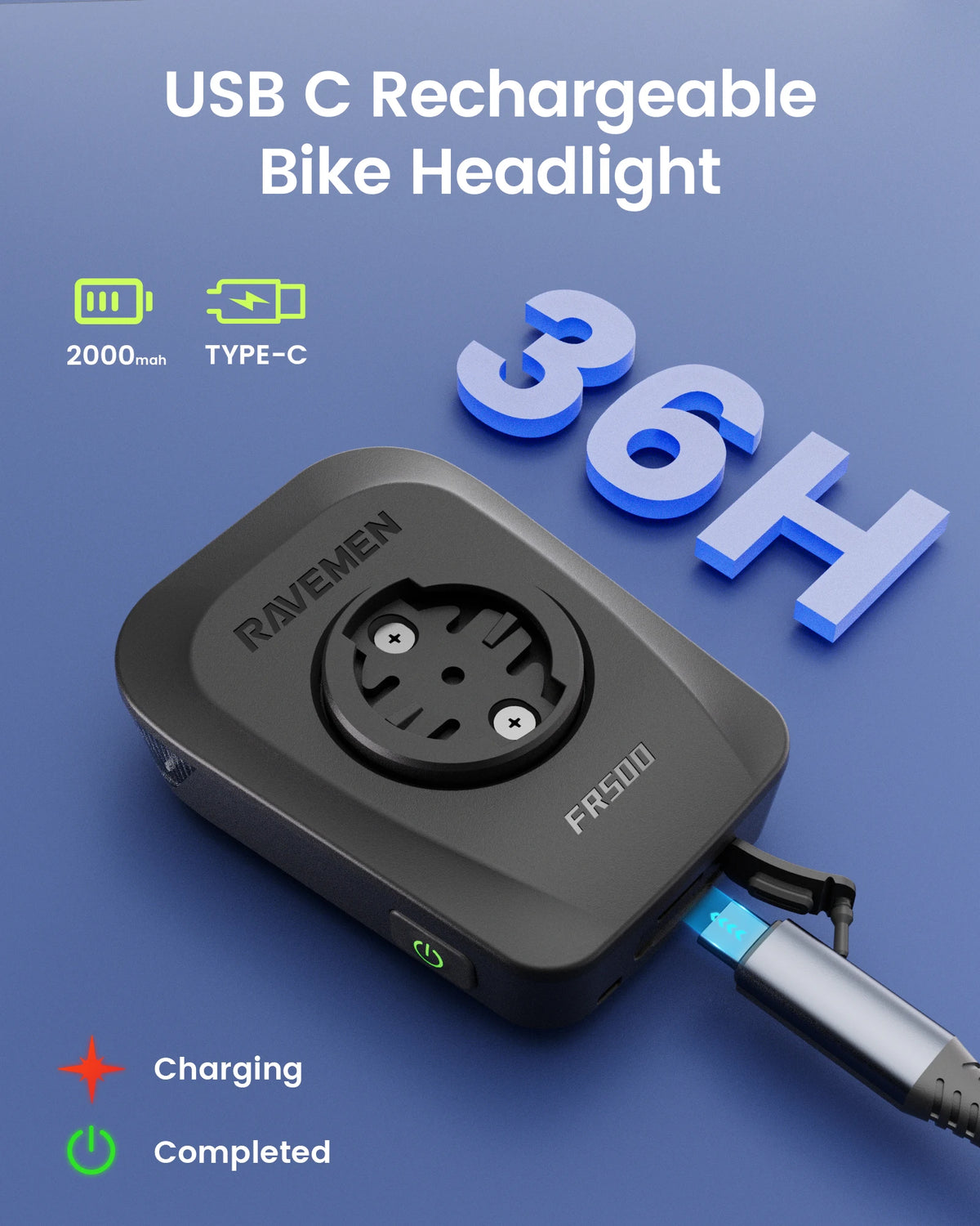 RAVEMEN FR500 Rechargeable Bicycle LED Headlight With GPS Mount