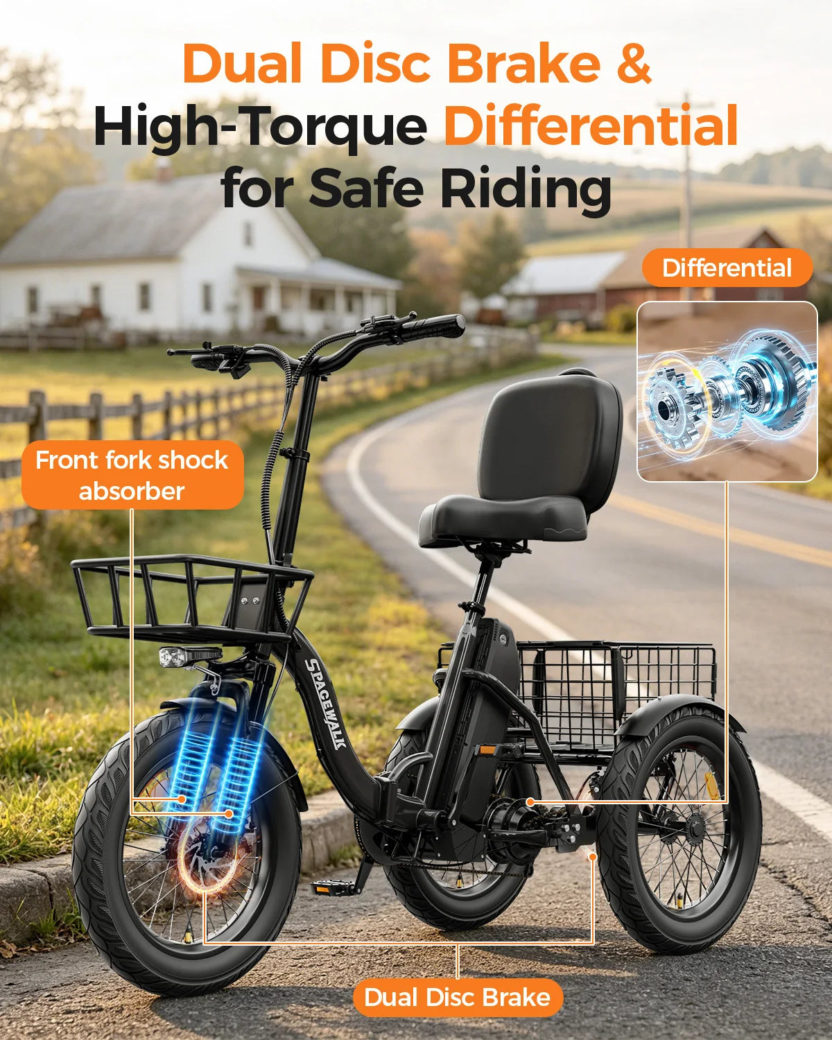 Spacewalk 1200W Folding Electric Trike With Adult Cargo Basket
