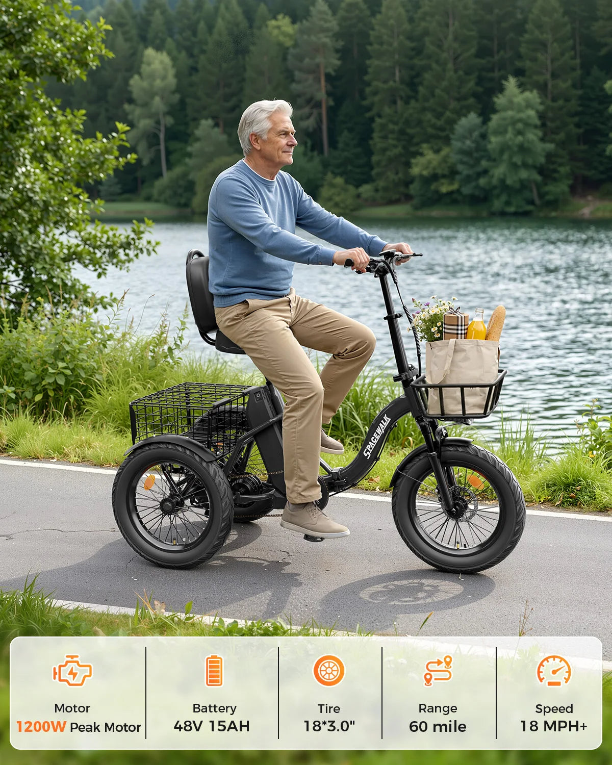 Spacewalk 1200W Folding Electric Trike With Adult Cargo Basket