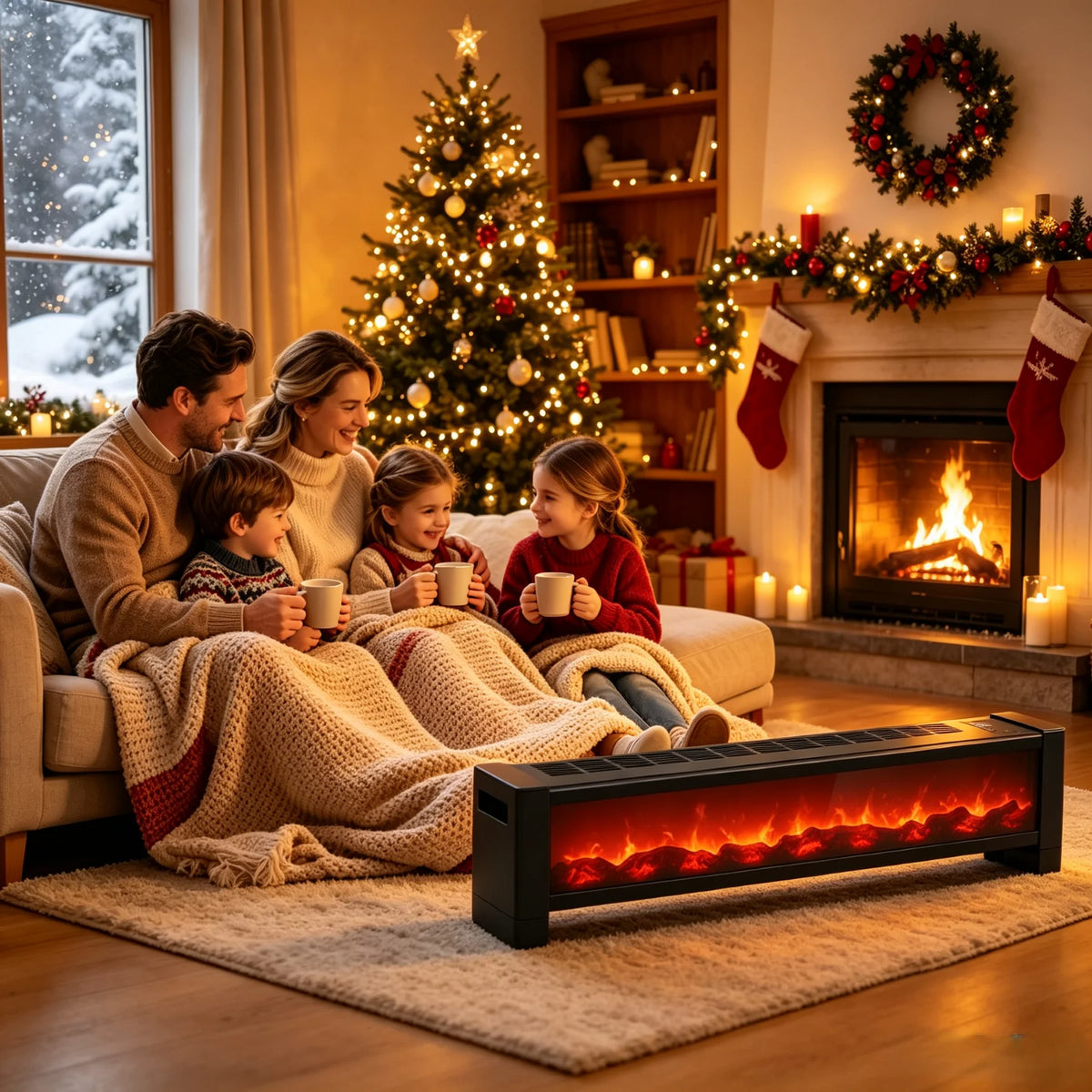 Electric Baseboard Fireplace Heater With Realistic LED Flame Effect Timer