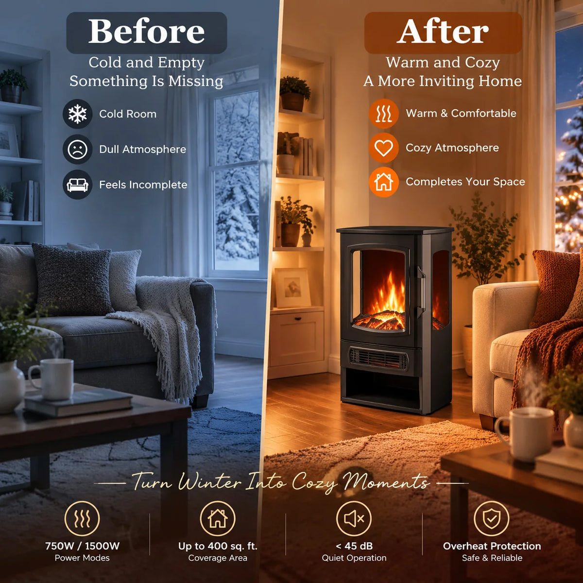 Three Sided Electric Fireplace Stove Heater With Panoramic Flame Effect