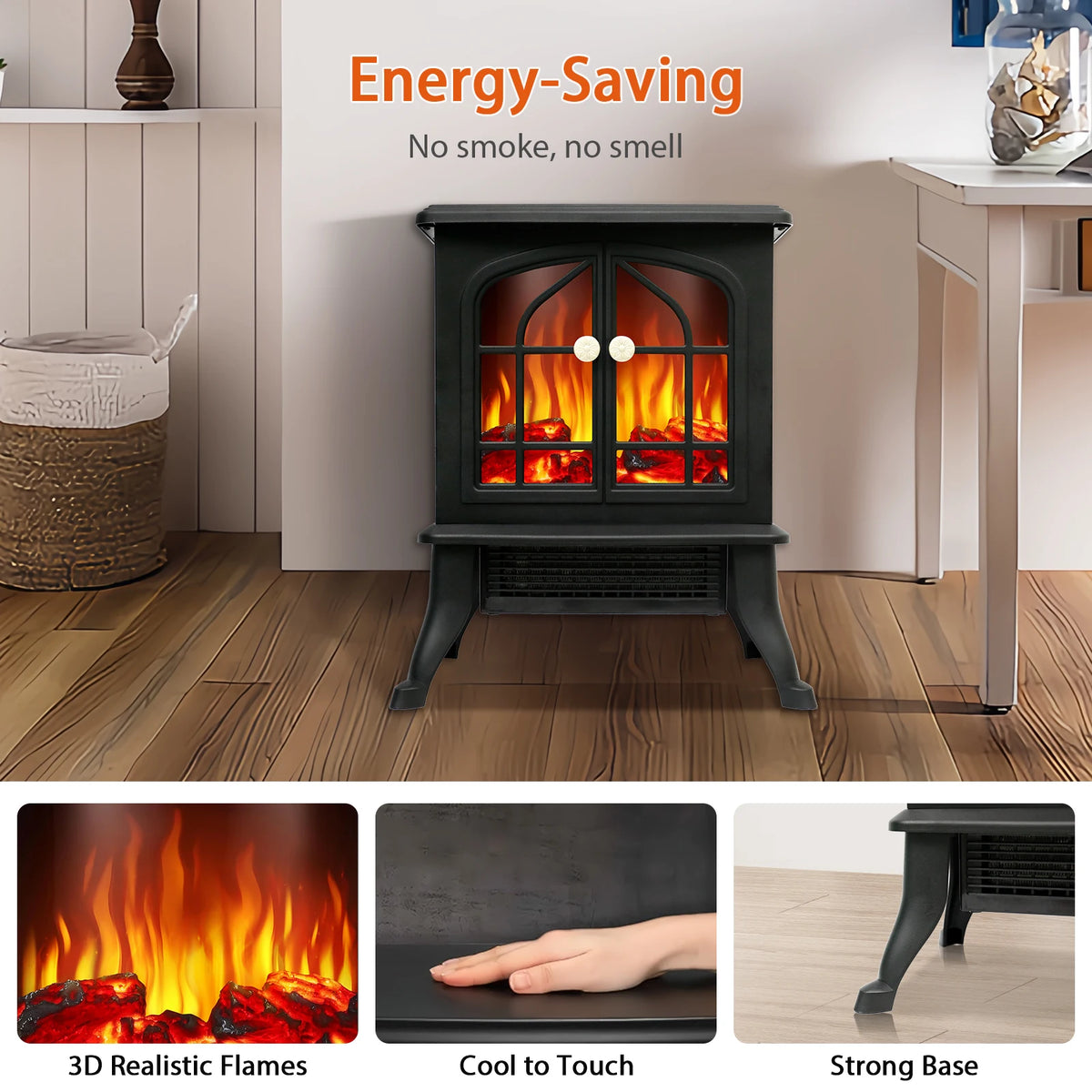Electric Fireplace Heater With Realistic 3D Flame And Overheat Protection