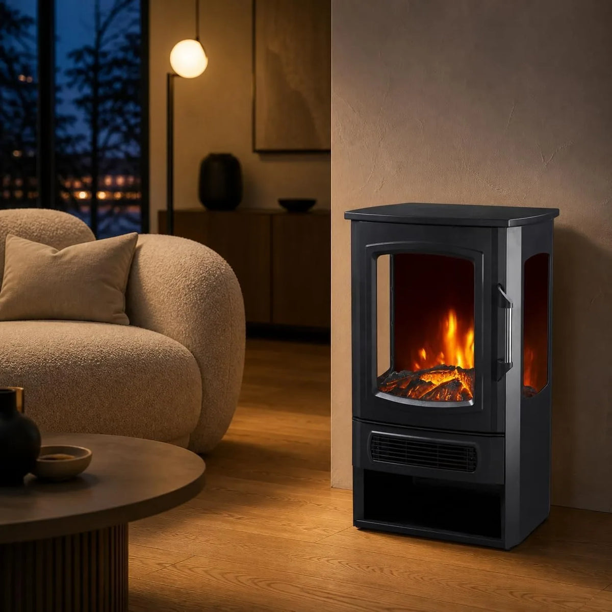 Three Sided Electric Fireplace Stove Heater With Panoramic Flame Effect