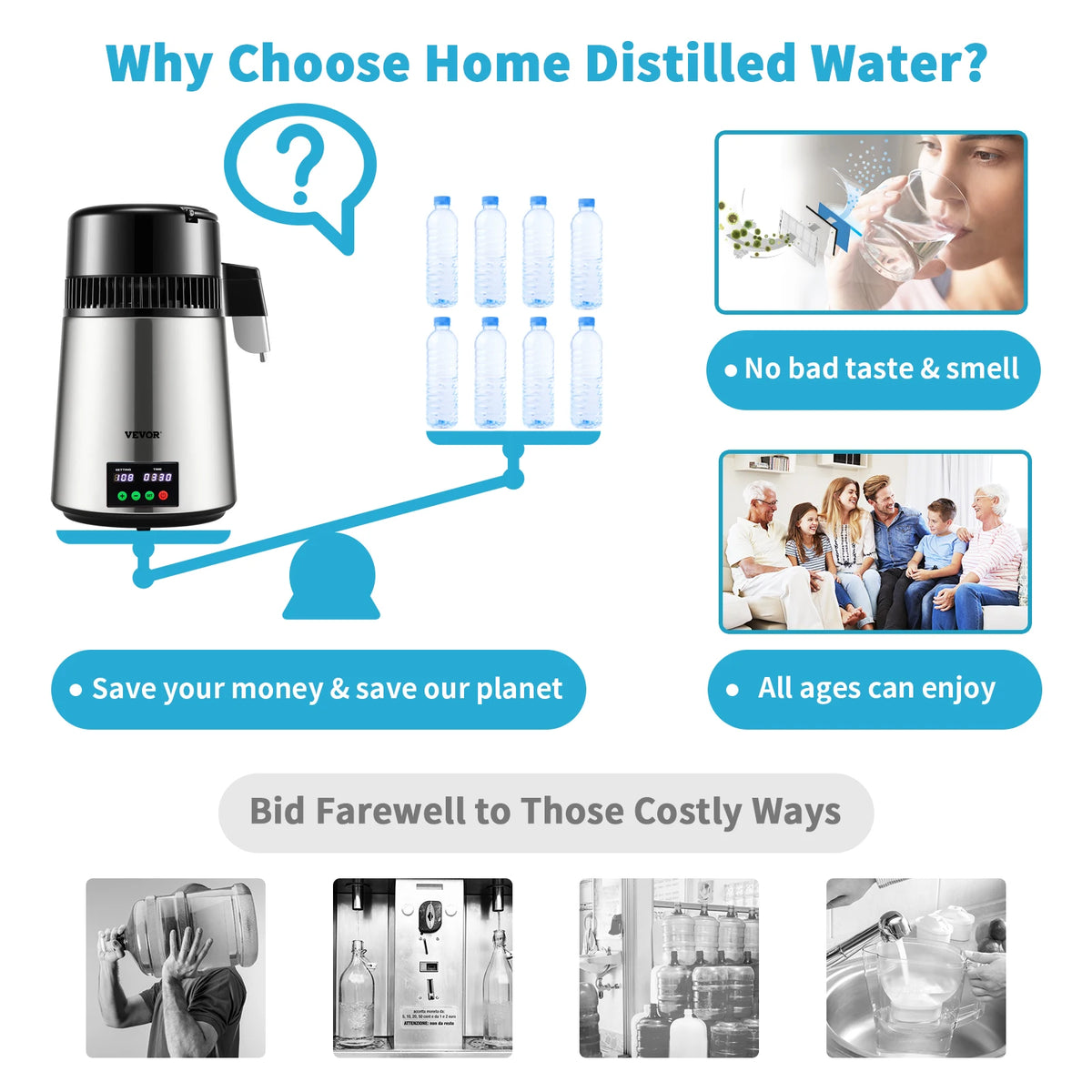SucceBuy Stainless Steel Water Distiller For Pure Home Drinking Water