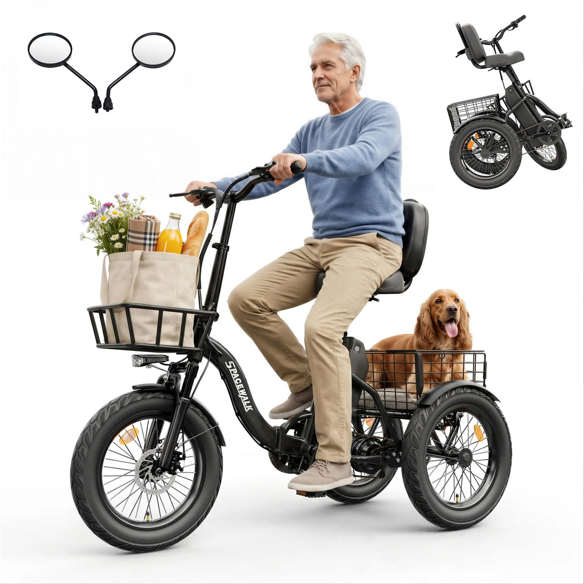 Spacewalk 1200W Folding Electric Trike With Adult Cargo Basket