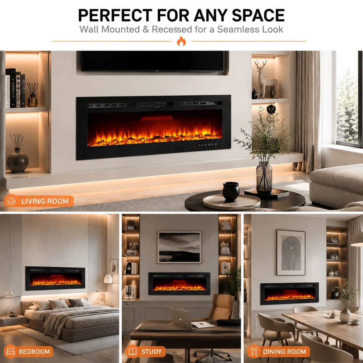 Wall Mounted Electric Fireplace Heater With Remote And Adjustable Flames