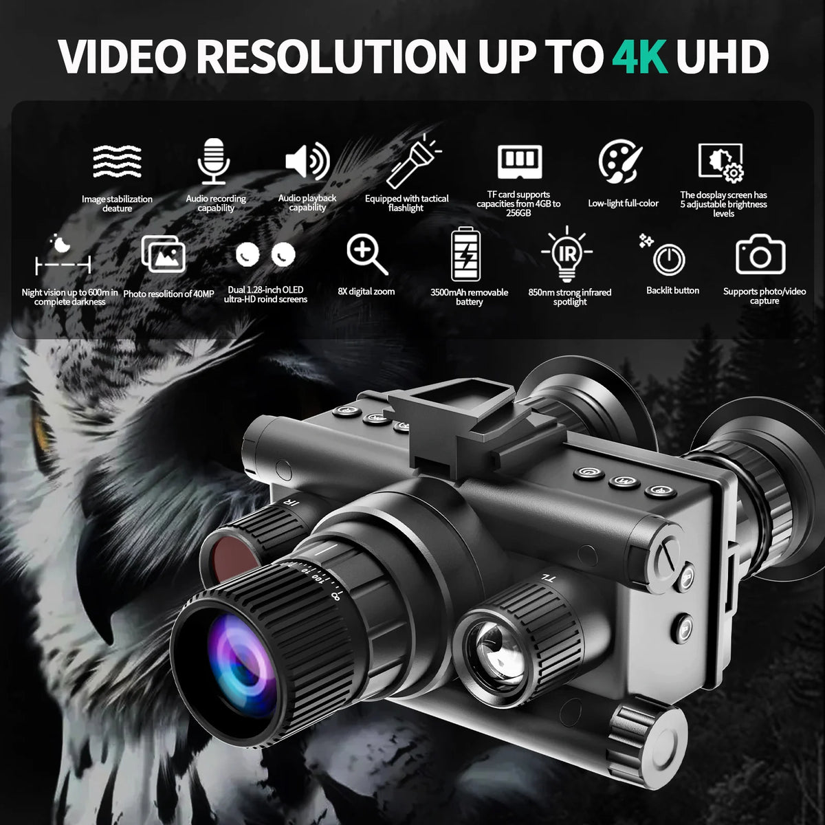 Infrared Night Vision Binoculars With Tactical Light and Head Mount Support