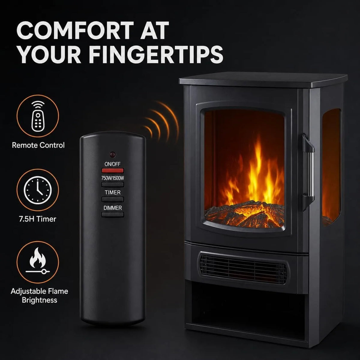 Three Sided Electric Fireplace Stove Heater With Panoramic Flame Effect
