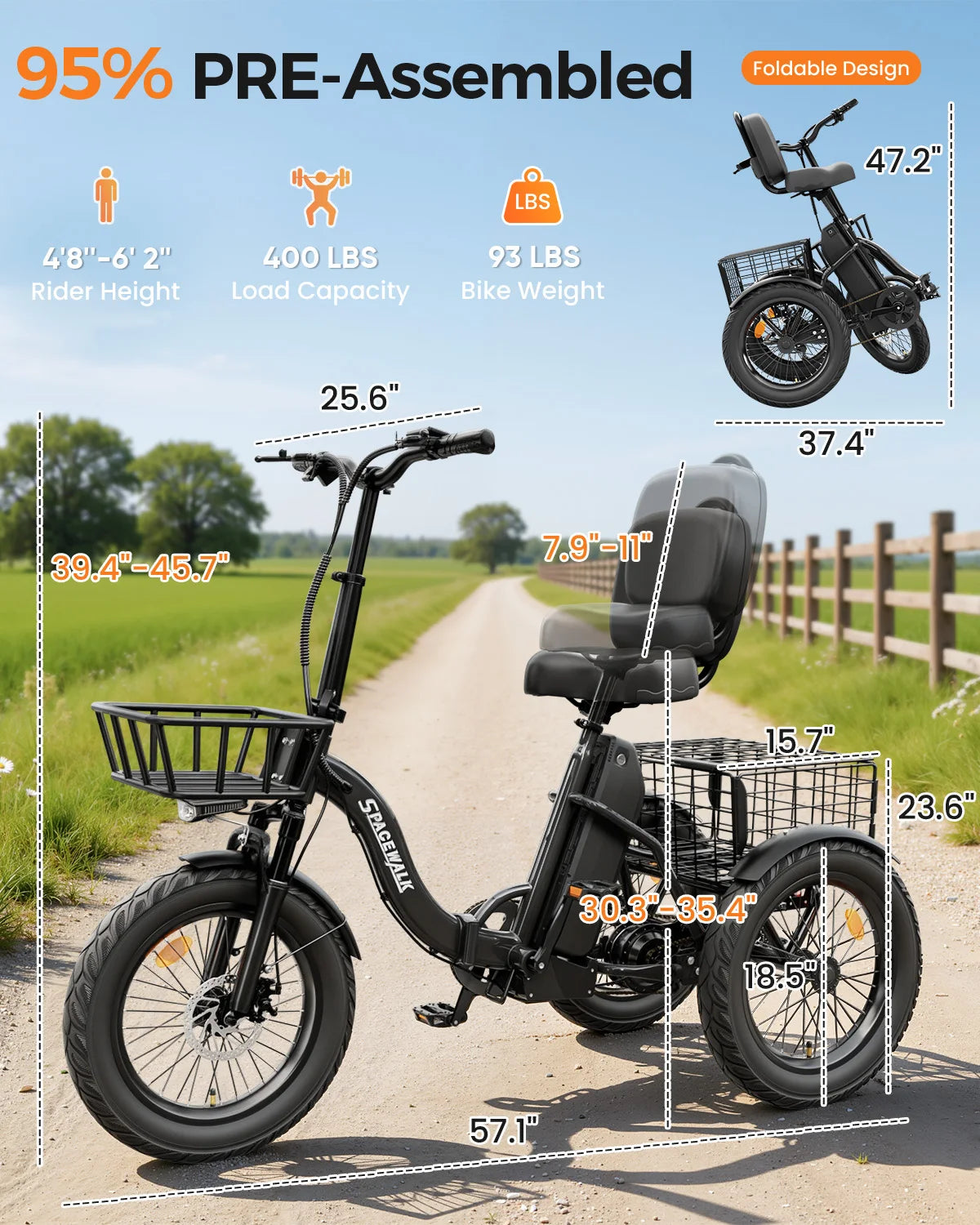 Spacewalk 1200W Folding Electric Trike With Adult Cargo Basket