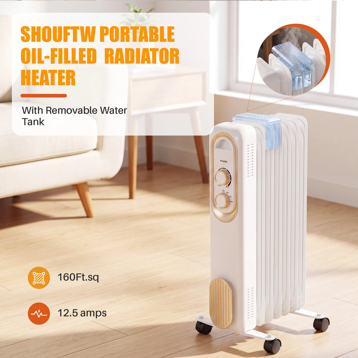 JHK 1500W Oil Filled Radiator Heater With Adjustable Thermostat